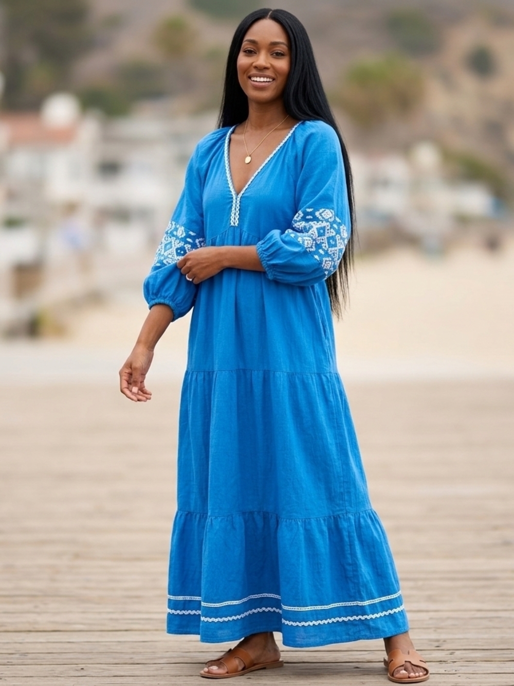 ​ZARA Maxi Dress Large Blue Embroidered Tiered Boho Peasant Festival Summer - Picture 9 of 9